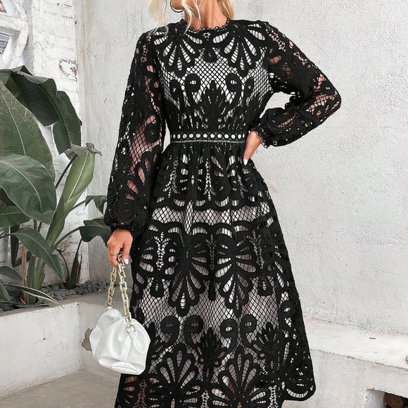 . Dresses & Skirts - Black Preppy Womens Floral Embroidery Lantern Sleeve Dress